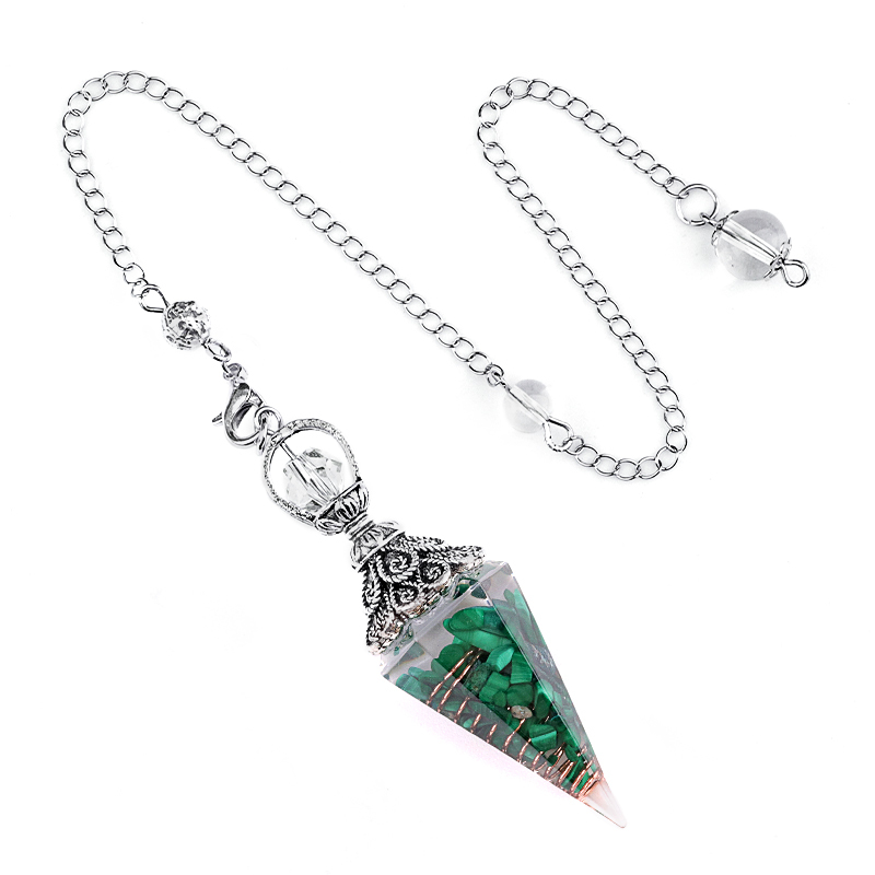Chip Stone Resin Hexagonal Cone Antique Silver Pendulum Pendant with 7 Chakra Chain