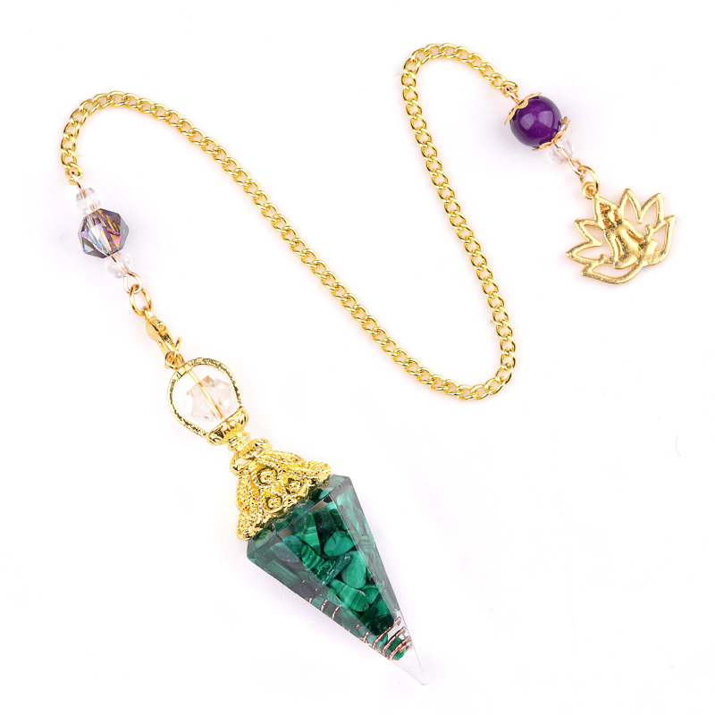 Chip Stone Resin Hexagonal Cone Gold Pendulum Pendant with Lotus Chain