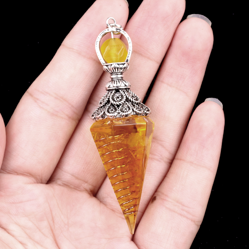 Chip Stone Resin Hexagonal Cone Antique Silver Pendulum Pendant with 7 Chakra Chain