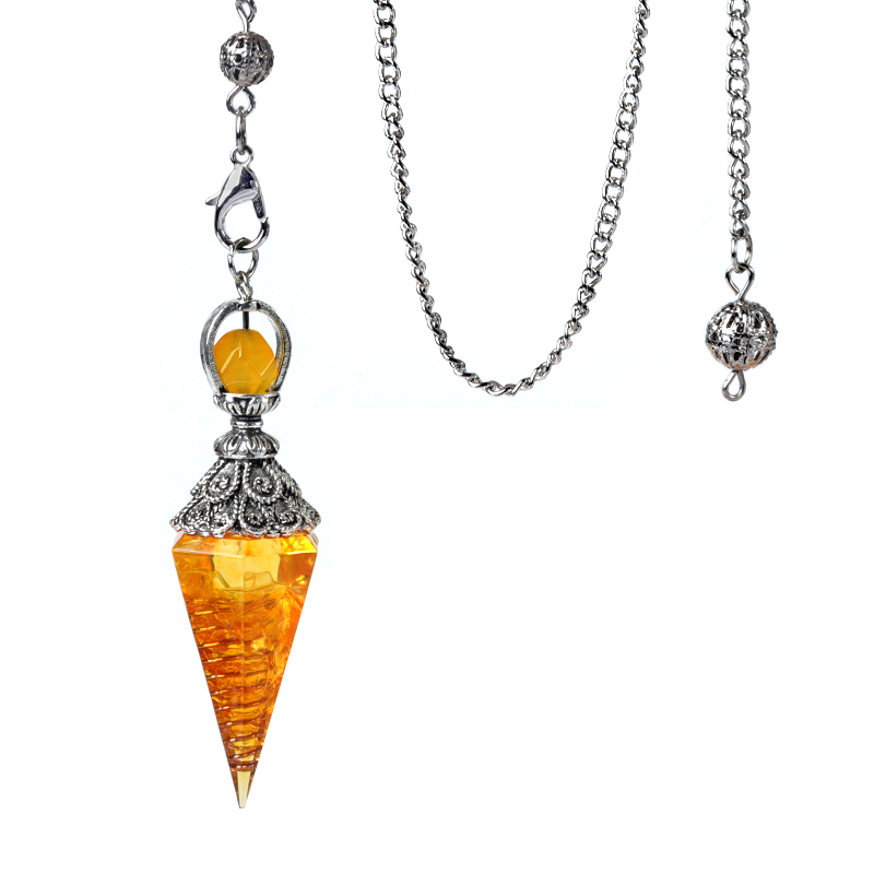 Chip Stone Resin Hexagonal Cone Antique Silver Pendulum Pendant with 7 Chakra Chain
