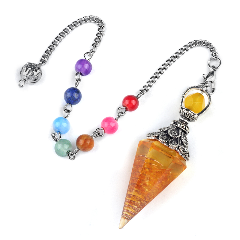 Chip Stone Resin Hexagonal Cone Antique Silver Pendulum Pendant with 7 Chakra Chain