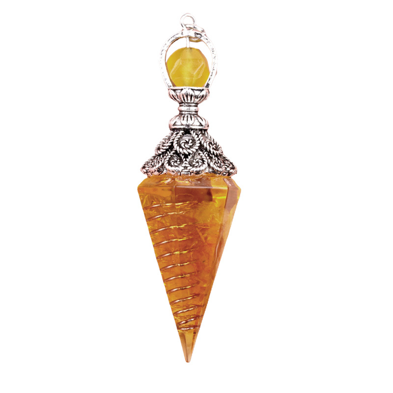 Chip Stone Resin Hexagonal Cone Antique Silver Pendulum Pendant with 7 Chakra Chain