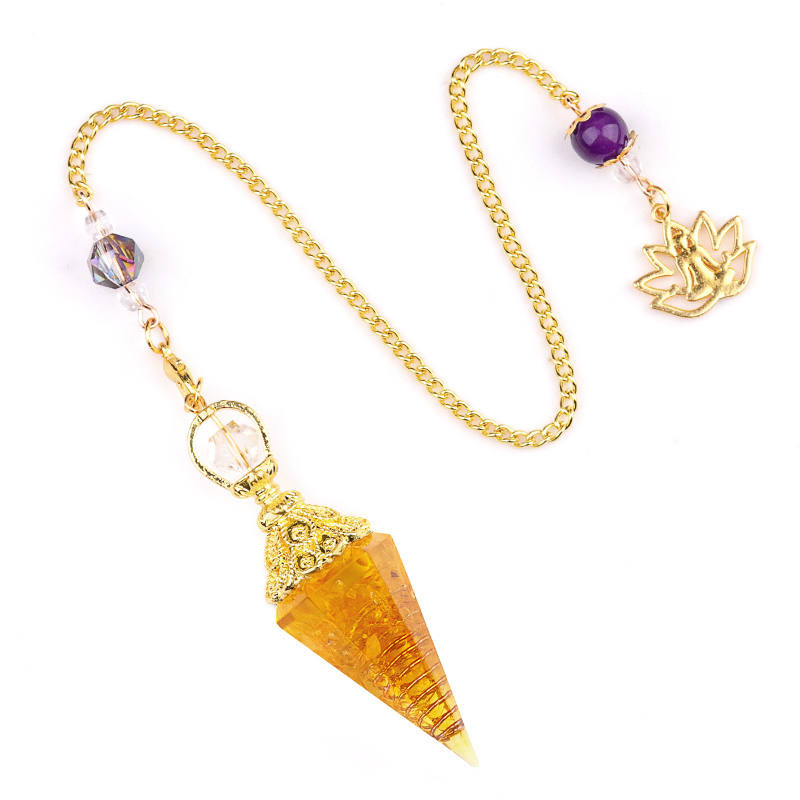 Chip Stone Resin Hexagonal Cone Gold Pendulum Pendant with Lotus Chain