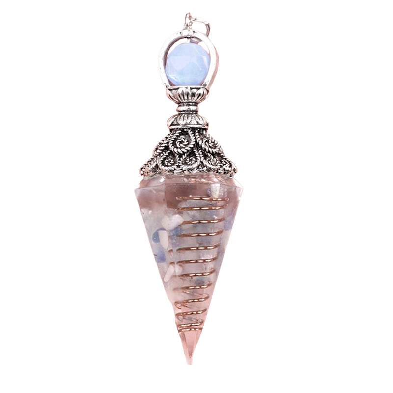 Chip Stone Resin Hexagonal Cone Antique Silver Pendulum Pendant with 7 Chakra Chain