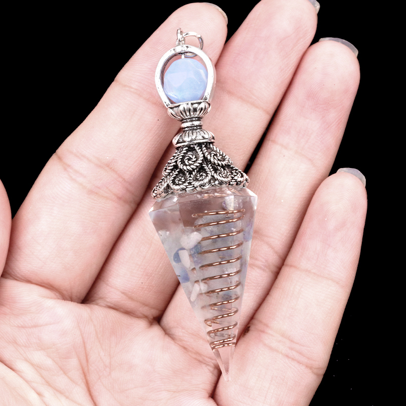 Chip Stone Resin Hexagonal Cone Antique Silver Pendulum Pendant with 7 Chakra Chain
