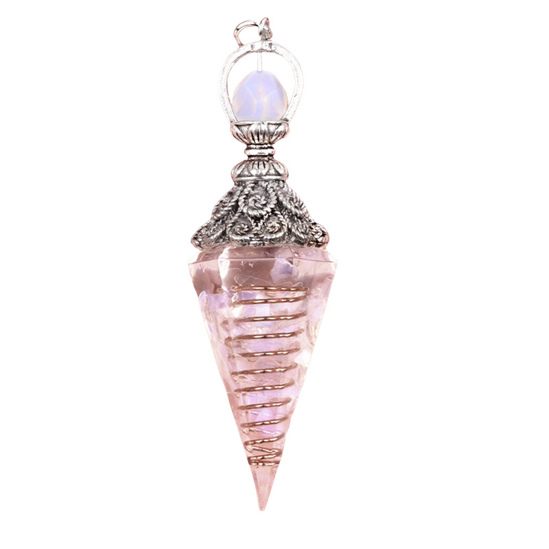 Chip Stone Resin Hexagonal Cone Antique Silver Pendulum Pendant with 7 Chakra Chain