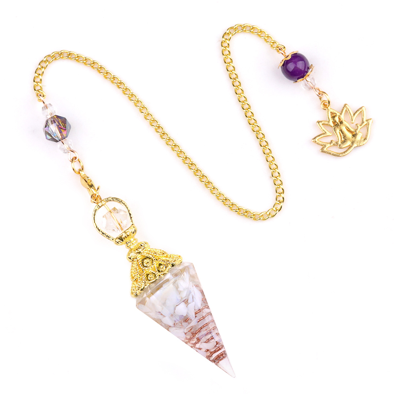 Chip Stone Resin Hexagonal Cone Gold Pendulum Pendant with Lotus Chain