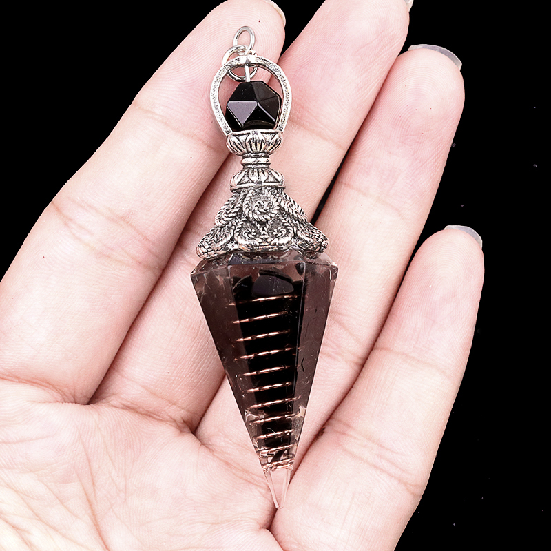 Chip Stone Resin Hexagonal Cone Antique Silver Pendulum Pendant with 7 Chakra Chain