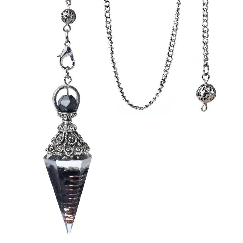 Chip Stone Resin Hexagonal Cone Antique Silver Pendulum Pendant with 7 Chakra Chain