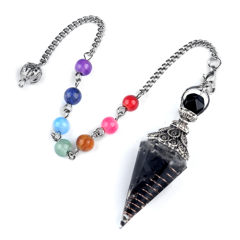 Chip Stone Resin Hexagonal Cone Antique Silver Pendulum Pendant with 7 Chakra Chain