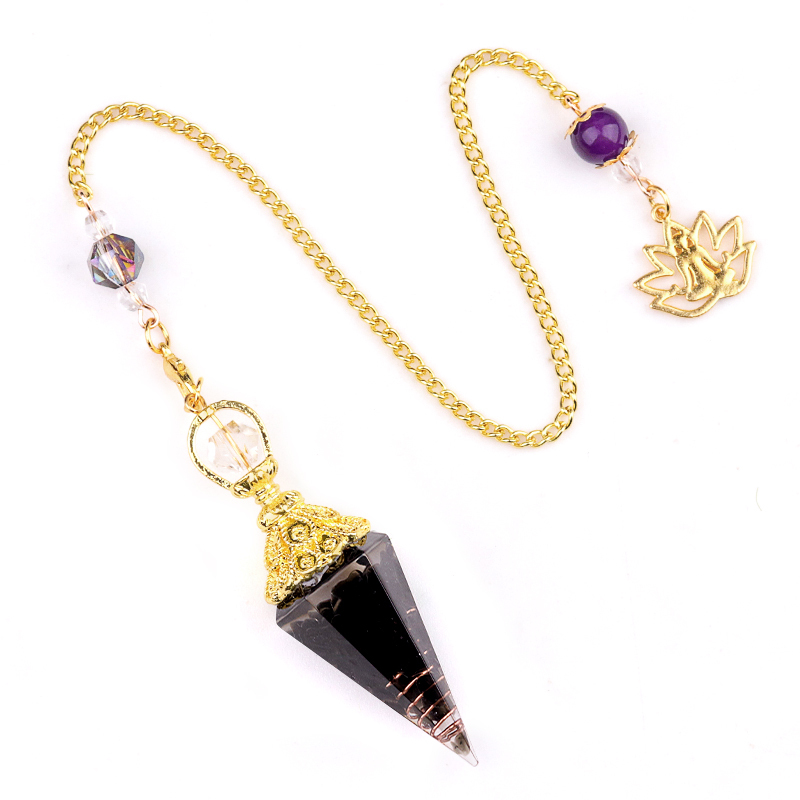 Chip Stone Resin Hexagonal Cone Gold Pendulum Pendant with Lotus Chain