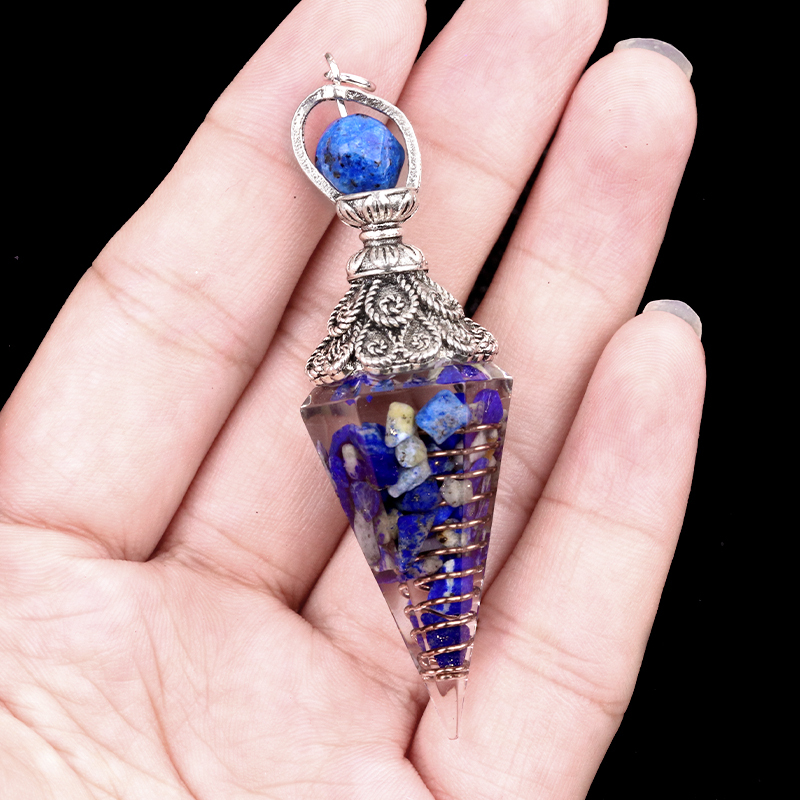 Chip Stone Resin Hexagonal Cone Antique Silver Pendulum Pendant with 7 Chakra Chain
