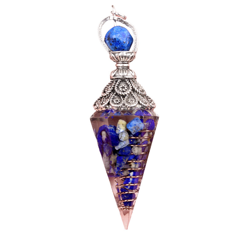 Chip Stone Resin Hexagonal Cone Antique Silver Pendulum Pendant with 7 Chakra Chain