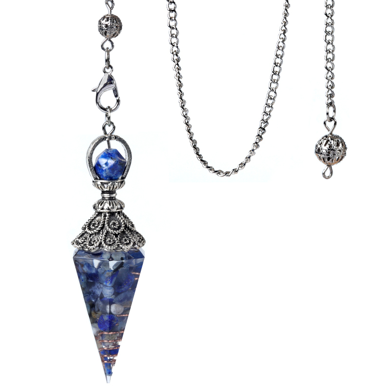 Chip Stone Resin Hexagonal Cone Antique Silver Pendulum Pendant with 7 Chakra Chain