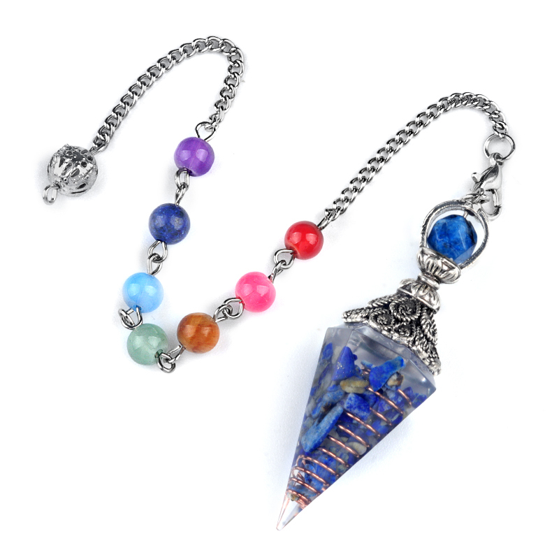 Chip Stone Resin Hexagonal Cone Antique Silver Pendulum Pendant with 7 Chakra Chain