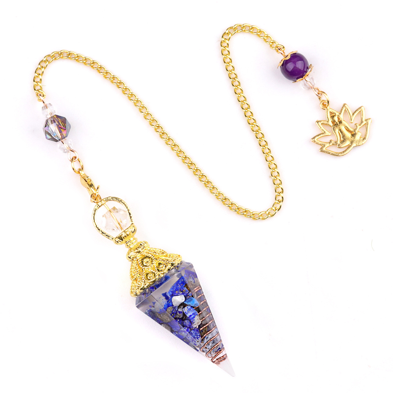 Chip Stone Resin Hexagonal Cone Gold Pendulum Pendant with Lotus Chain