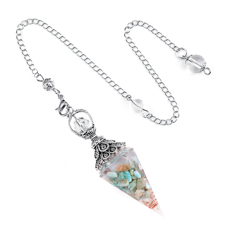 Chip Stone Resin Hexagonal Cone Antique Silver Pendulum Pendant with 7 Chakra Chain