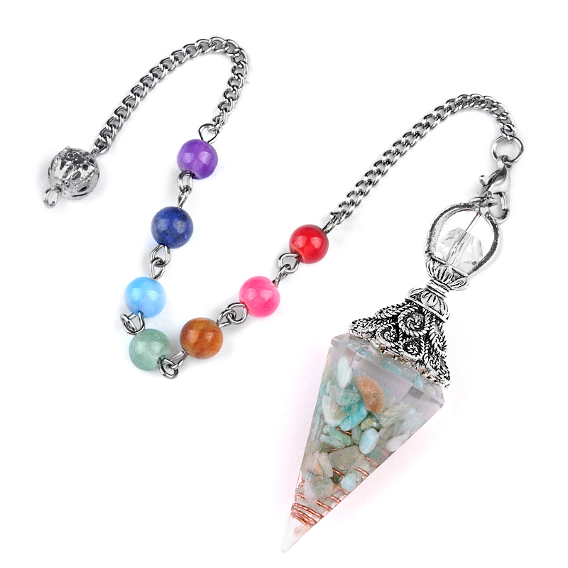 Chip Stone Resin Hexagonal Cone Antique Silver Pendulum Pendant with 7 Chakra Chain