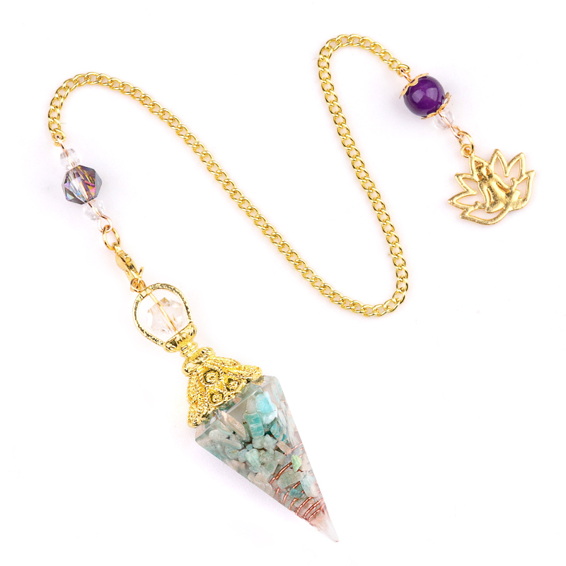Chip Stone Resin Hexagonal Cone Gold Pendulum Pendant with Lotus Chain