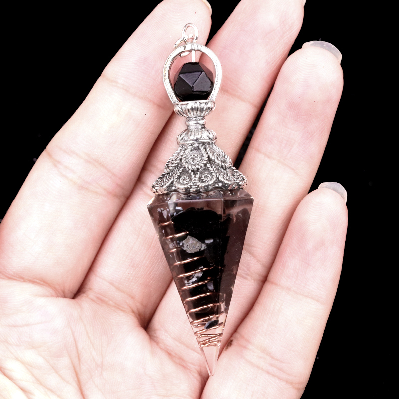 Chip Stone Resin Hexagonal Cone Antique Silver Pendulum Pendant with 7 Chakra Chain