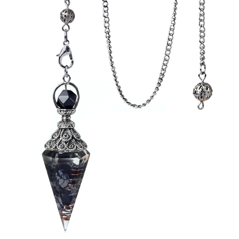 Chip Stone Resin Hexagonal Cone Antique Silver Pendulum Pendant with 7 Chakra Chain
