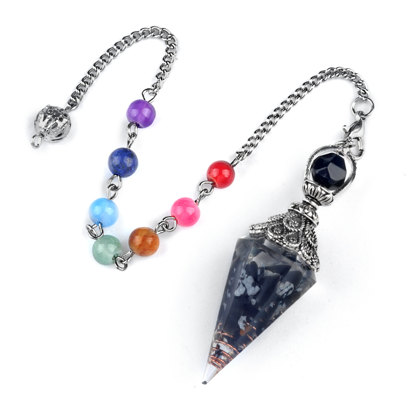 Chip Stone Resin Hexagonal Cone Antique Silver Pendulum Pendant with 7 Chakra Chain