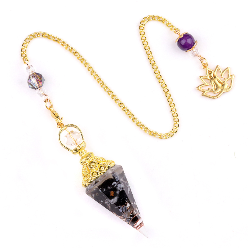 Chip Stone Resin Hexagonal Cone Gold Pendulum Pendant with Lotus Chain