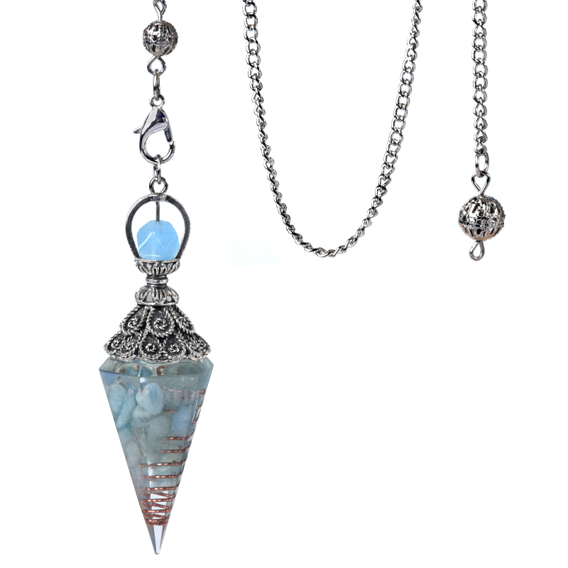 Chip Stone Resin Hexagonal Cone Antique Silver Pendulum Pendant with 7 Chakra Chain