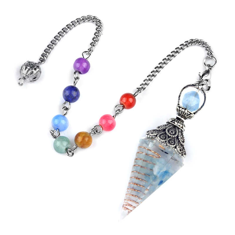 Chip Stone Resin Hexagonal Cone Antique Silver Pendulum Pendant with 7 Chakra Chain