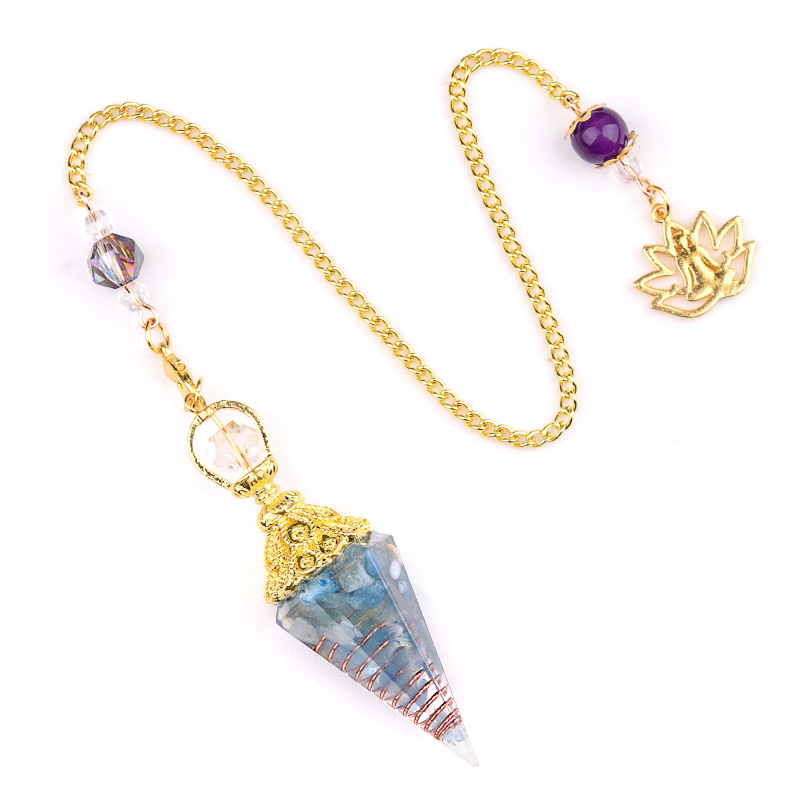 Chip Stone Resin Hexagonal Cone Gold Pendulum Pendant with Lotus Chain