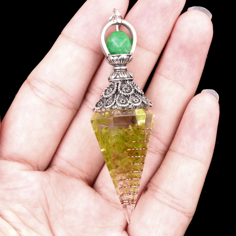 Chip Stone Resin Hexagonal Cone Antique Silver Pendulum Pendant with 7 Chakra Chain