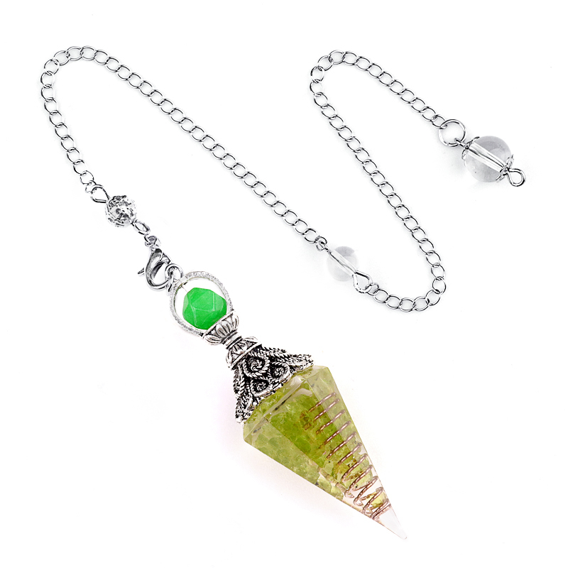 Chip Stone Resin Hexagonal Cone Antique Silver Pendulum Pendant with 7 Chakra Chain
