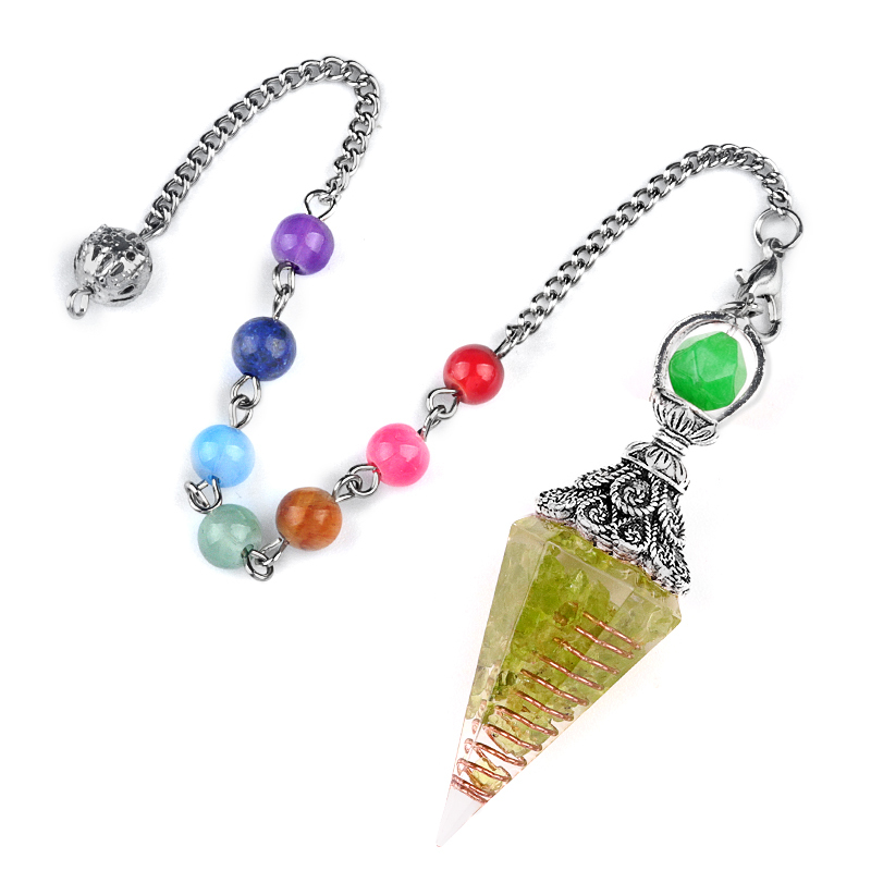 Chip Stone Resin Hexagonal Cone Antique Silver Pendulum Pendant with 7 Chakra Chain