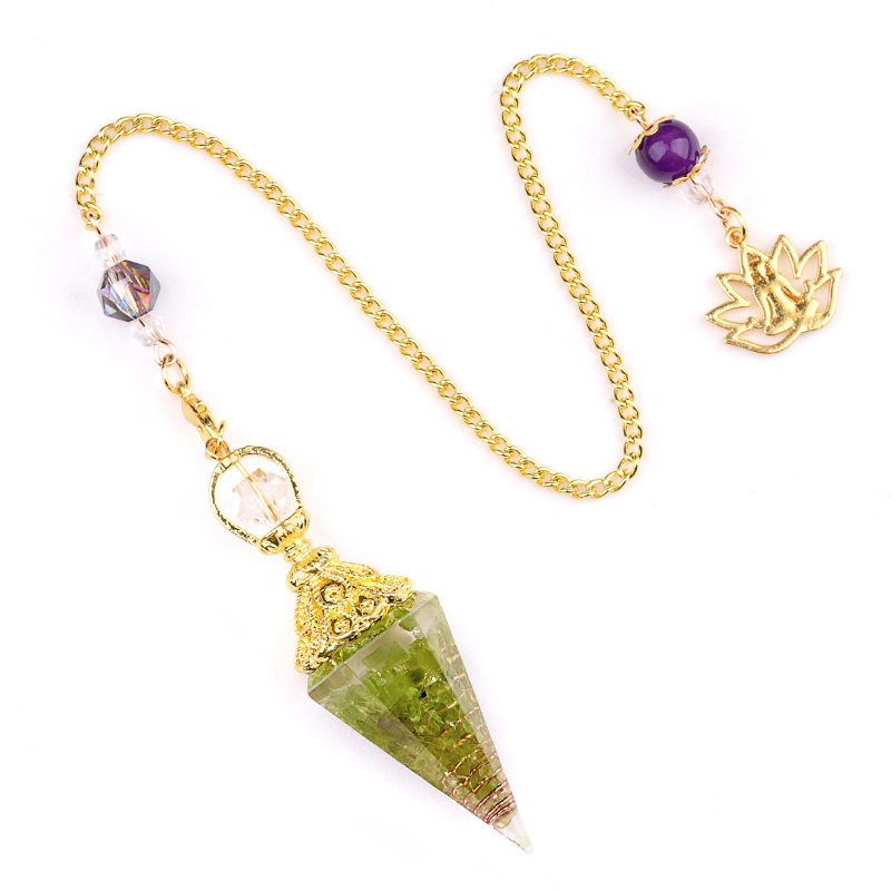 Chip Stone Resin Hexagonal Cone Gold Pendulum Pendant with Lotus Chain