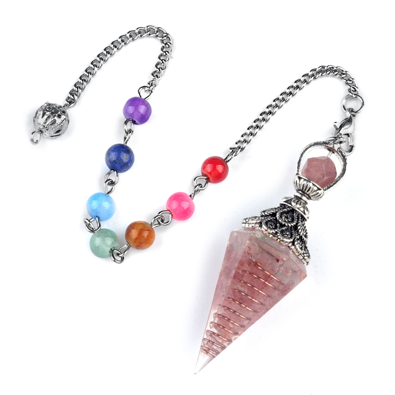 Chip Stone Resin Hexagonal Cone Antique Silver Pendulum Pendant with 7 Chakra Chain