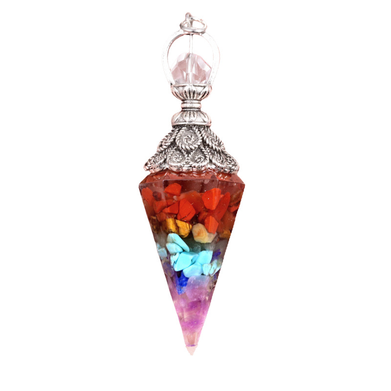 Chip Stone Resin Hexagonal Cone Antique Silver Pendulum Pendant with 7 Chakra Chain