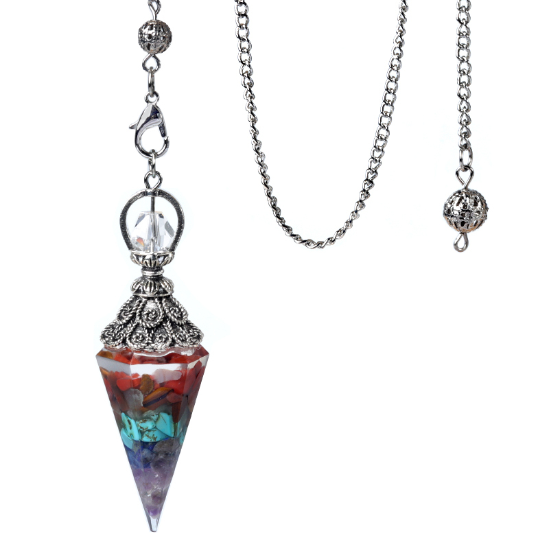Chip Stone Resin Hexagonal Cone Antique Silver Pendulum Pendant with 7 Chakra Chain