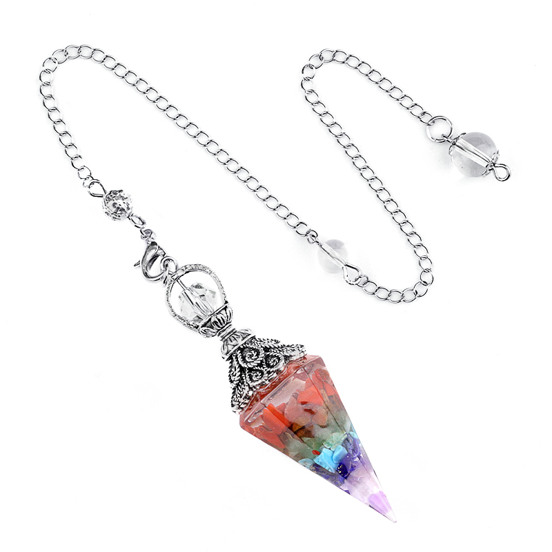 Chip Stone Resin Hexagonal Cone Antique Silver Pendulum Pendant with 7 Chakra Chain