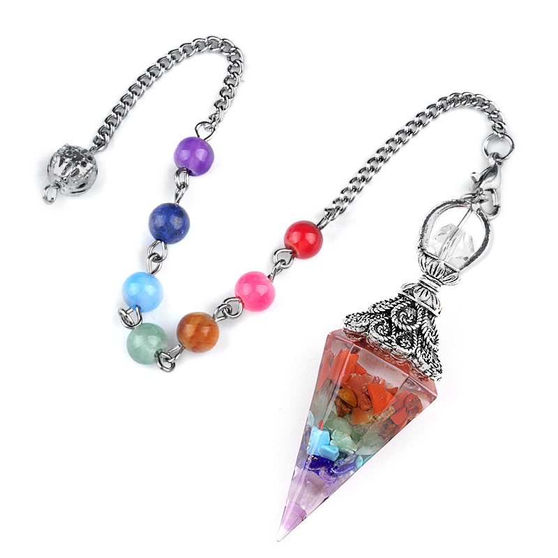 Chip Stone Resin Hexagonal Cone Antique Silver Pendulum Pendant with 7 Chakra Chain
