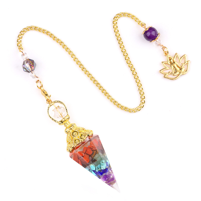 Chip Stone Resin Hexagonal Cone Gold Pendulum Pendant with Lotus Chain