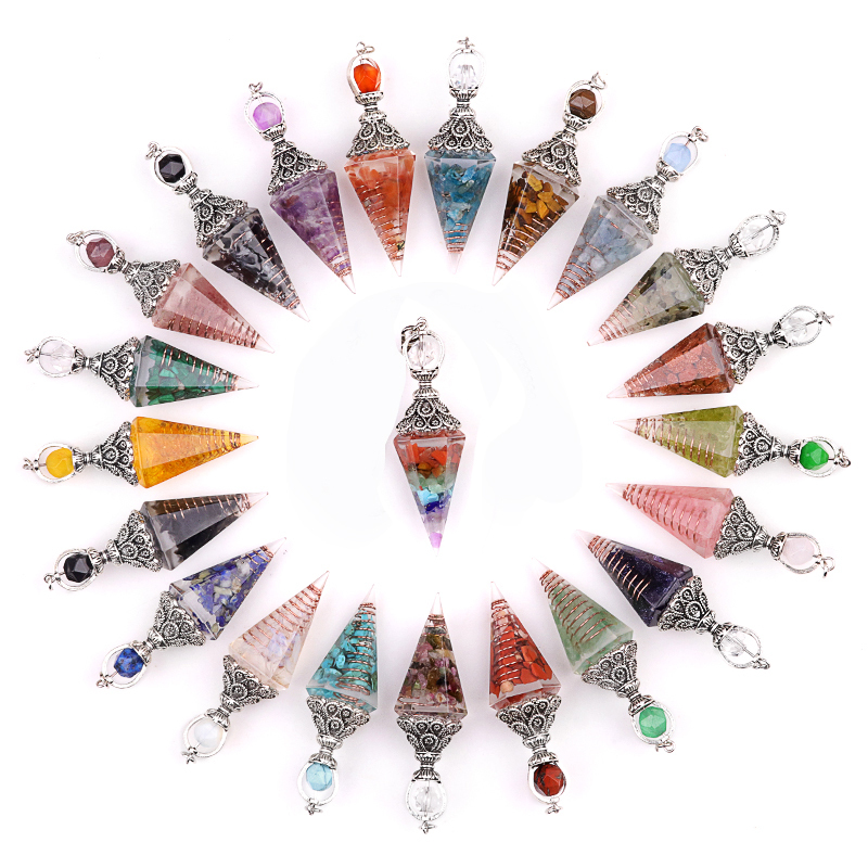 Chip Stone Resin Hexagonal Cone Antique Silver Pendulum Pendant(approx 20x40mm) for making jewelry