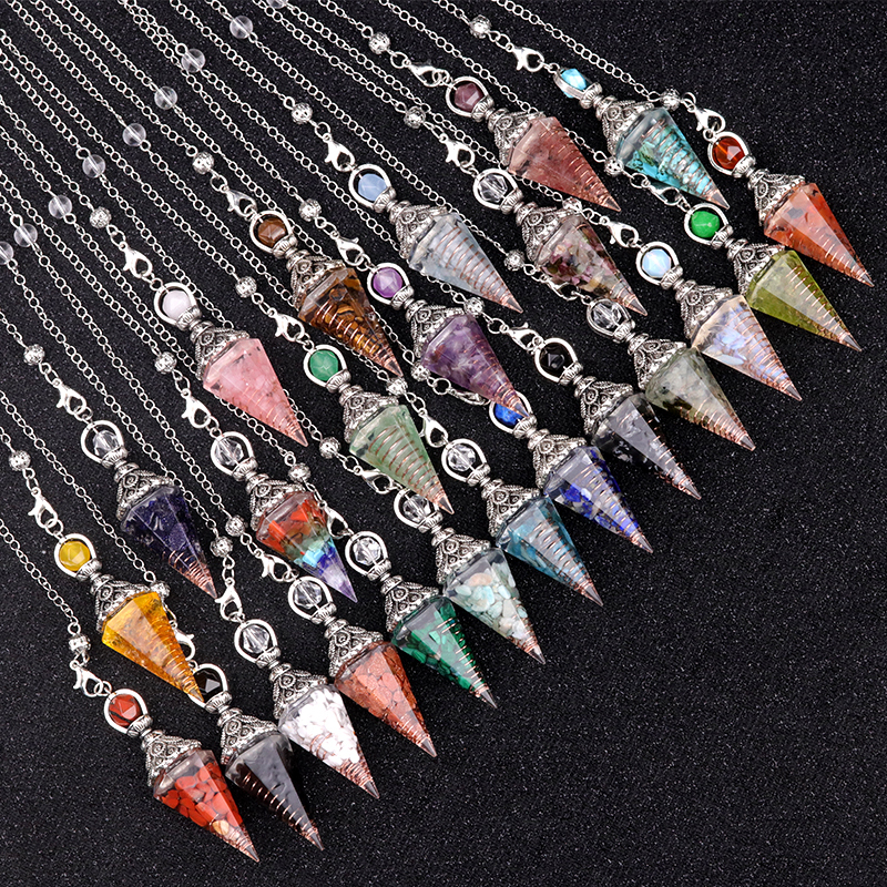 Chip Stone Resin Hexagonal Cone Antique Silver Pendulum Pendant with 7 Chakra Chain