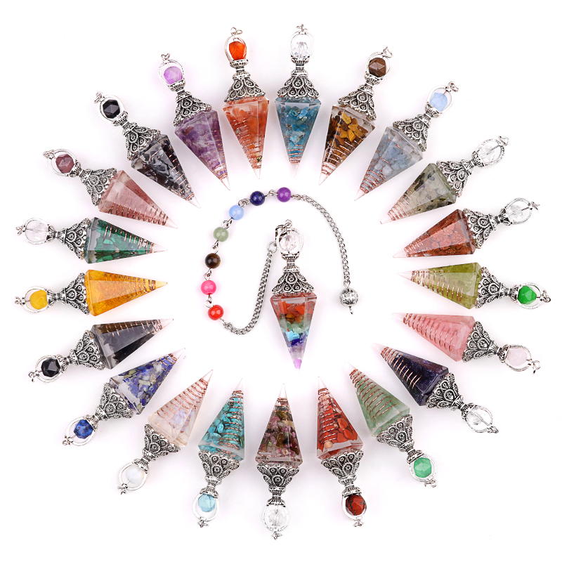 Chip Stone Resin Hexagonal Cone Antique Silver Pendulum Pendant(approx 20x40mm) for making jewelry