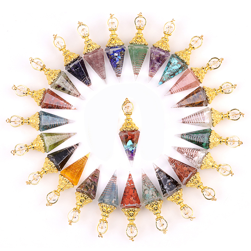 Chip Stone Resin Hexagonal Cone Gold Pendulum Pendant(approx 20x40mm) for making jewelry