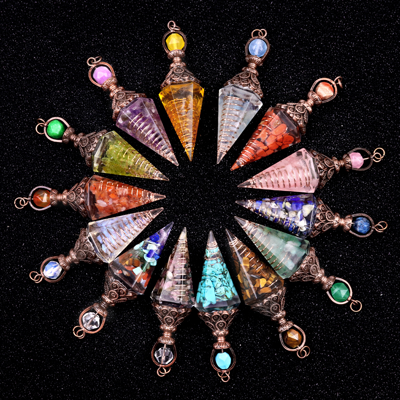 Chip Stone Resin Hexagonal Cone Antique Bronze Pendulum Pendant For Making Jewelry