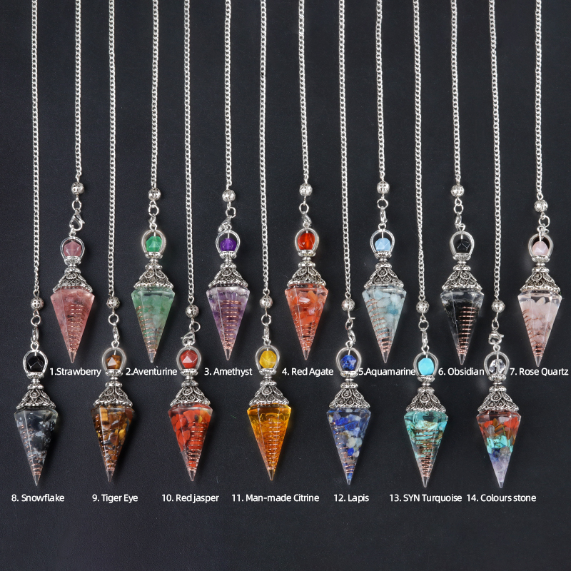 Chip Stone Resin Hexagonal Cone Antique Silver Pendulum Pendant with 7 Chakra Chain