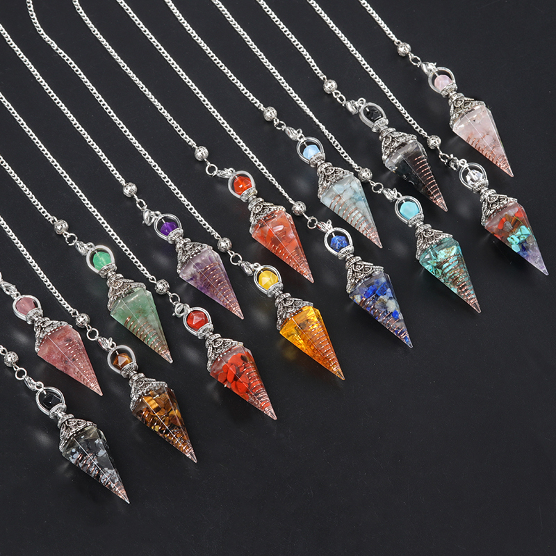 Chip Stone Resin Hexagonal Cone Antique Silver Pendulum Pendant with 7 Chakra Chain
