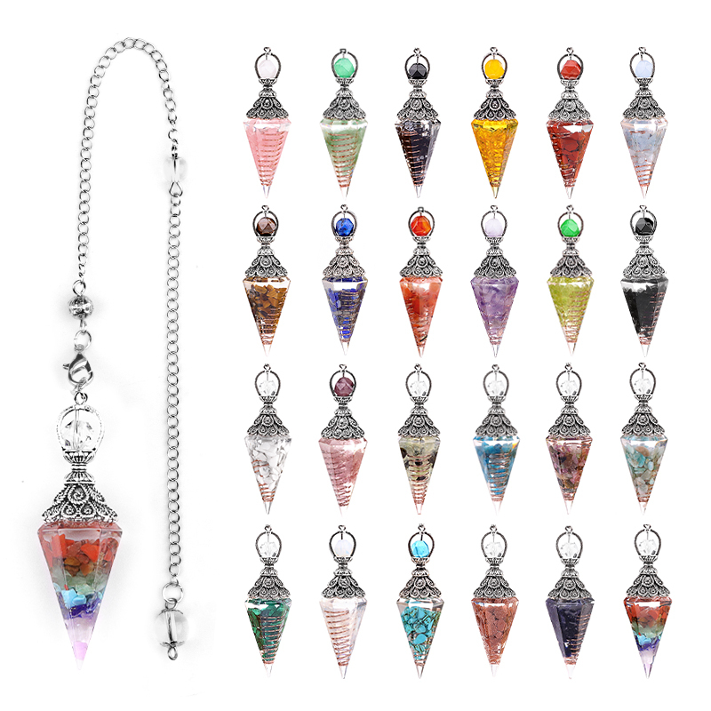 Chip Stone Resin Hexagonal Cone Antique Silver Pendulum Pendant with 7 Chakra Chain