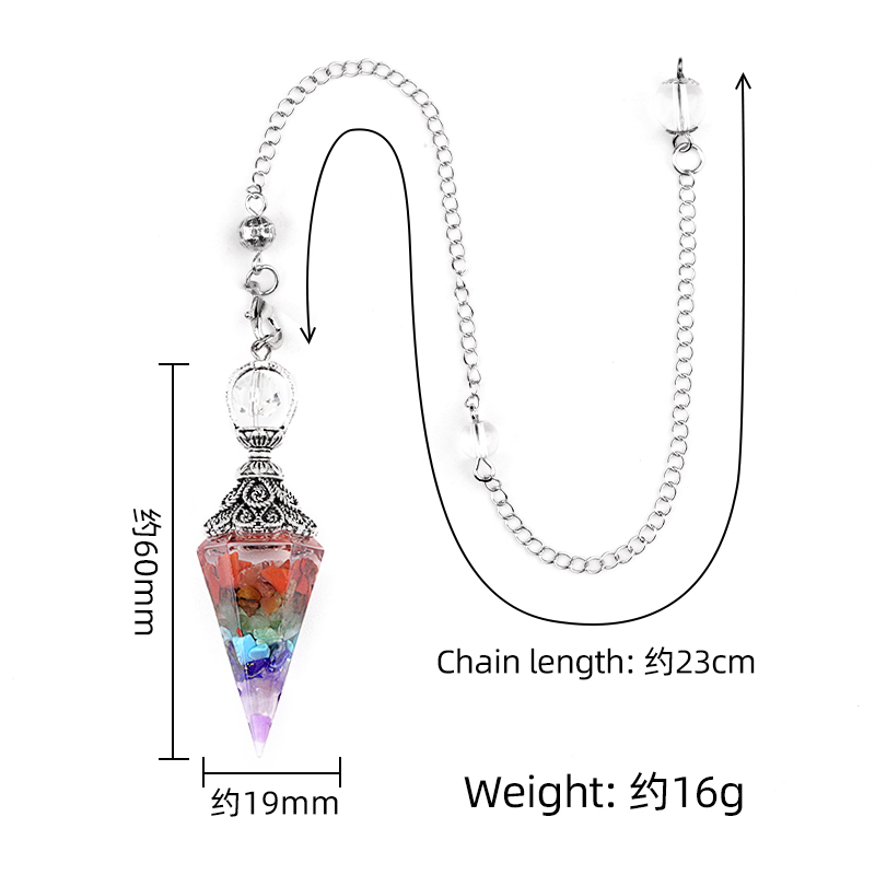 Chip Stone Resin Hexagonal Cone Antique Silver Pendulum Pendant with 7 Chakra Chain