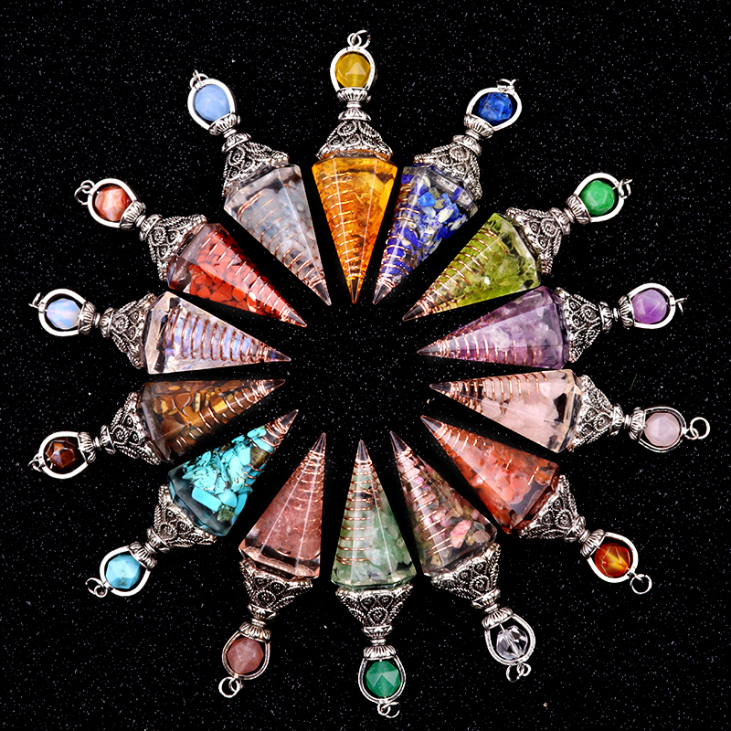 Chip Stone Resin Hexagonal Cone Antique Silver Pendulum Pendant(approx 20x40mm) for making jewelry